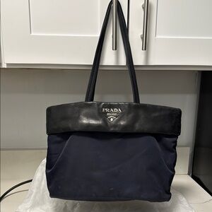 Prada Tessuto Nylon Nappa Leather Tote Navy Black